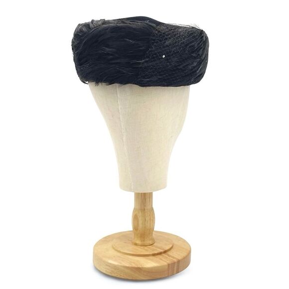 Vintage 1950s Coralie Feathered Pillbox Hat Black Velour with Veil & Rhinestones - Picture 9 of 15